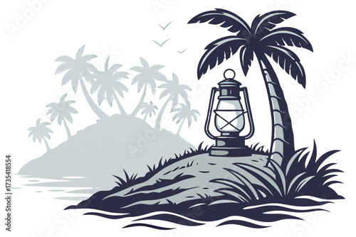 Tropical island with palm trees and a lantern