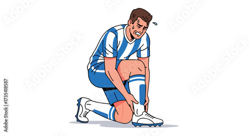 Distressed soccer athlete clutching injured ankle on the sports field with strained expression showcasing sports related discomfort and potential