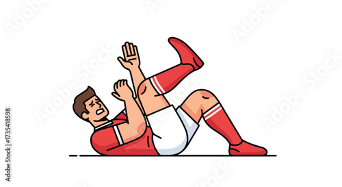 Injured soccer player lying on the ground with a painful expression after an accident or foul during the game