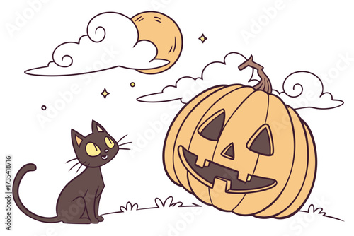 Cute black cat sitting near a carved pumpkin under the moon
