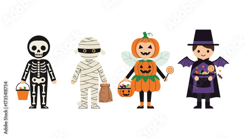 Spooky Squad's Trick or Treat: A whimsical illustration showcases four costumed figures ready for a night of trick-or-treating during the Halloween season, embodying the spirit of fun and fantasy.
