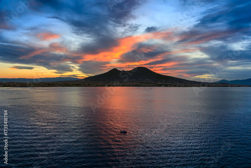 View of the Mount Vesuvius and Gulf of Naples at sunrise, Italy.