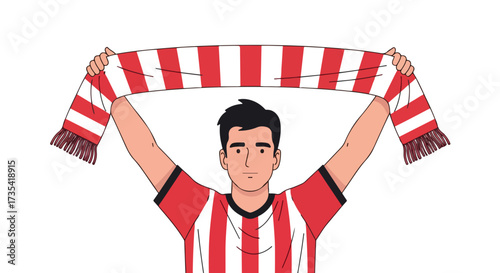 Enthusiastic supporter cheering with a striped scarf at a sporting event, displaying his team pride with red and white colors and expressive hand