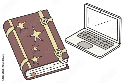 Old magic book next to a modern laptop computer