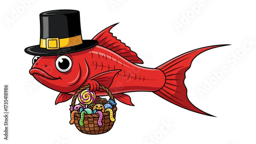 Dapper Fish with Sweet Treat: An artistically rendered, charming illustration features a vibrant red fish, dapper in a black hat, joyfully carrying a basket brimming with colorful candies.