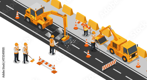 Isometric road construction scene with workers and machinery