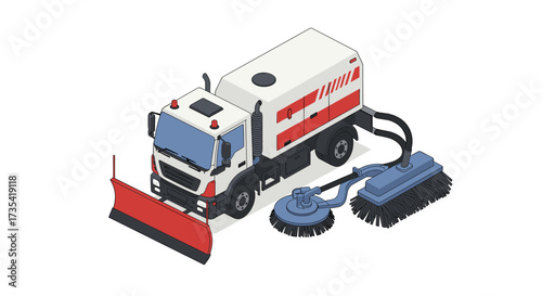 Isometric street cleaning vehicle with snowplow and rotary brush design