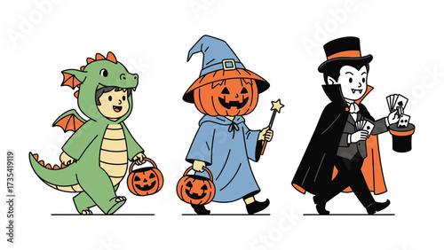 Spooky Spectacle: A collection of playfully illustrated Halloween costumes, presenting a trio of iconic characters, perfect for festive holiday celebration.