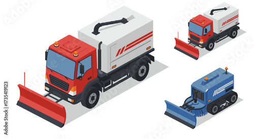 Winter road maintenance vehicles in isometric style with snowplows and sweepers