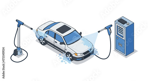 Isometric car wash scene with equipment and bubbles