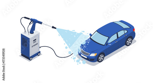 Isometric car wash with highpressure washer and compact sedan