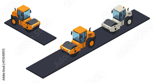 Isometric road construction with asphalt rollers on a dark platform