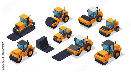 Isometric construction vehicles diverse road rollers collection in modern design