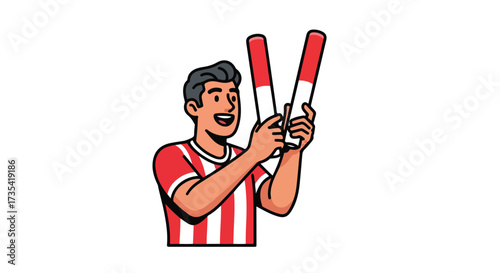 Enthusiastic supporter cheering with batons, representing team spirit and event excitement, perfect for sports-related designs and vibrant fan content