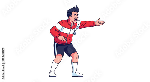 Animated sports coach giving instructions with passion and energy, emphasizing teamwork and strategy in a clear, engaging style