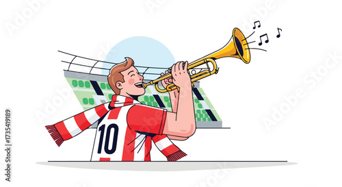 Cartoon illustration of a fan celebrating a victory by playing the trumpet with joy at a sporting event amidst the ecstatic crowd