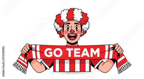 Enthusiastic sports fan with vibrant hair, holding a spirited team support banner and spreading animated cheer and fervent encouragement on white