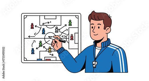 Strategic football coaching: A coach explaining tactics using a diagram showcasing game planning and strategic team management techniques for