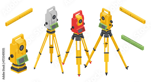 Isometric surveying equipment with colorful theodolites and rulers