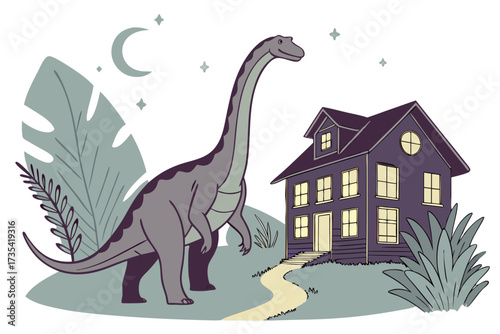 Dinosaur and house at night with moon and plants