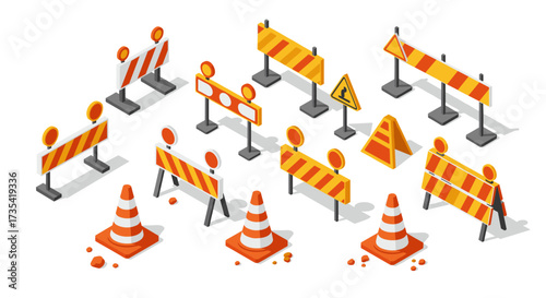 Isometric traffic barrier and cone collection for urban construction