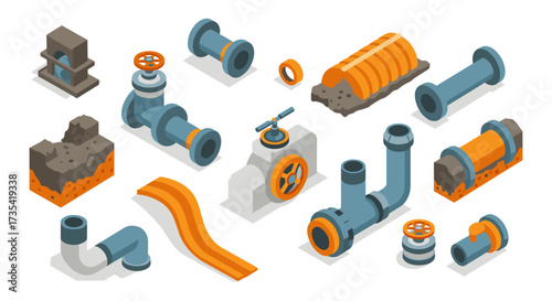Isometric industrial pipes and valves set with construction elements