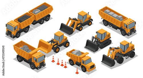Isometric construction vehicles trucks, loaders, excavators, and heavy equipment collection