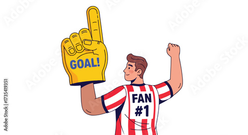 Enthusiastic sports admirer celebrating a momentous victory with foam finger and red and white striped jersey cheering intensely