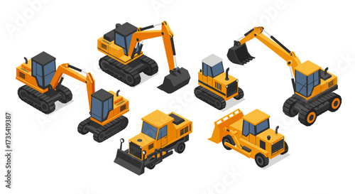 Isometric construction equipment set featuring excavators and bulldozers