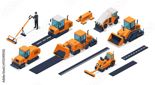 Isometric construction vehicles and equipment on white background