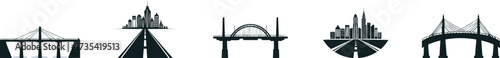 Silhouette of Road Pavement Navigation. A series of stylized bridge designs, each featuring distinct architectural features and cityscapes, emphasizing connectivity and urban landscapes.