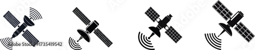 A collection of satellite icons in black and white, illustrating various designs and signal waves.