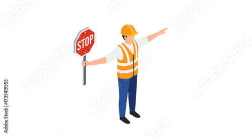 Construction worker directing traffic with stop sign in isometric style