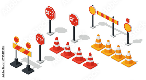 Isometric traffic control signs and cones for road safety management