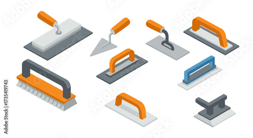 Isometric construction tools set with trowels and floats in modern design