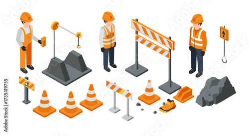 Construction tools and workers in isometric design for safety and infrastructure projects