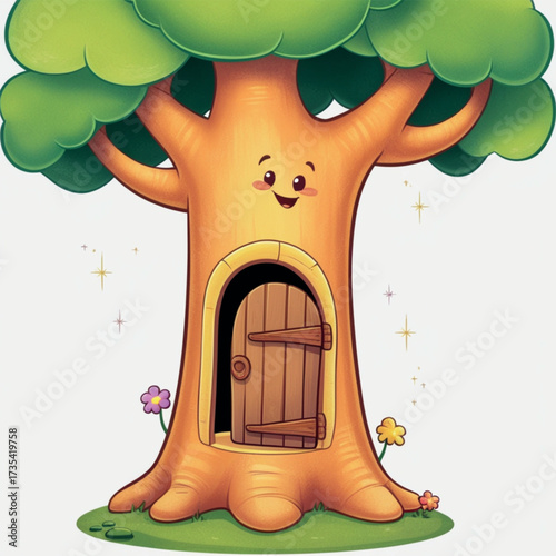 A cheerful cartoon tree with a mysterious hidden doorway illustration 