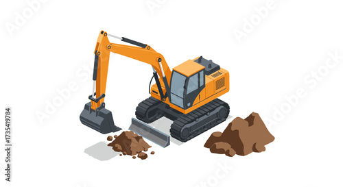 Construction excavator with dirt piles in isometric view