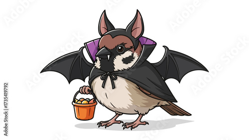 Sparrow Dressed for Halloween: A cute sparrow, adorned in a bat costume, ready for trick-or-treating, holds an orange pail. 