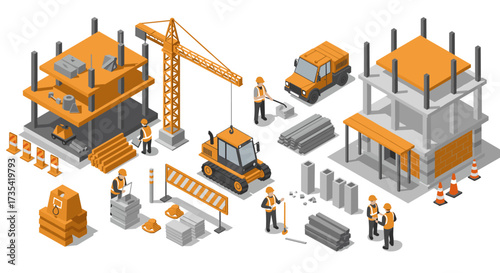 Isometric construction site with workers, machinery, and materials in orange and grey