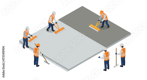 Construction workers smoothing concrete surface in isometric style