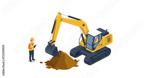 Construction equipment and worker in isometric style on white background
