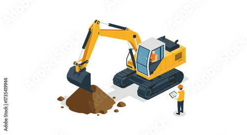 Construction site excavator in action with workers and equipment in isometric style