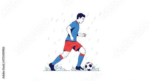 Focused football athlete dribbling a soccer ball during a rainy day training session showing dedication determination and physical endurance