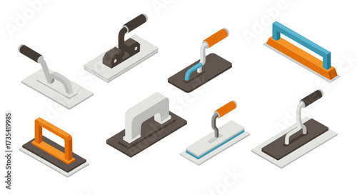 Isometric render of concrete trowels diverse designs for construction projects