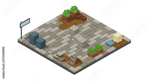 Isometric construction site with paving stones and vegetation