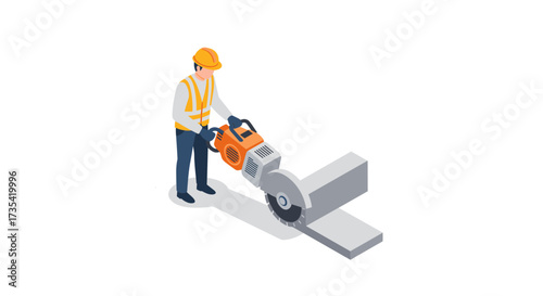 Isometric construction worker operating concrete saw for roadwork