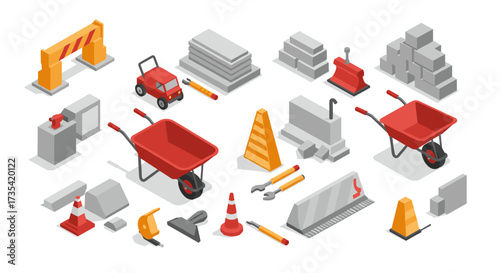 Isometric construction tools and equipment with barrier and wheelbarrow