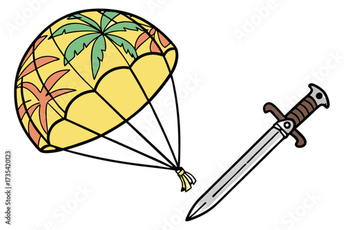 Yellow parachute with palm tree pattern and sword