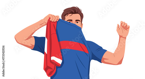 Triumphant Athlete Celebrates Victory by Waving Team Jersey in Jubilant Gesture isolated on white background